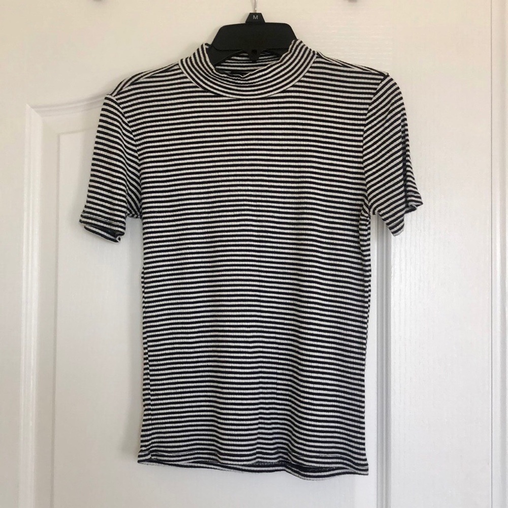 Mock Neck Ribbed Short Sleeve Striped T-Shirt